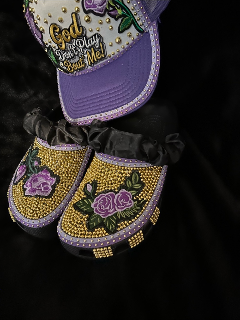 Embellished Purple & Gold Floral Hat and Clog Set